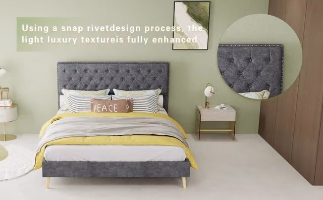 Letto imbottito moderno 140×200 cm in velluto olandese grigio con testiera a capitonné e borchie, base bassa, materasso 140×200 incluso