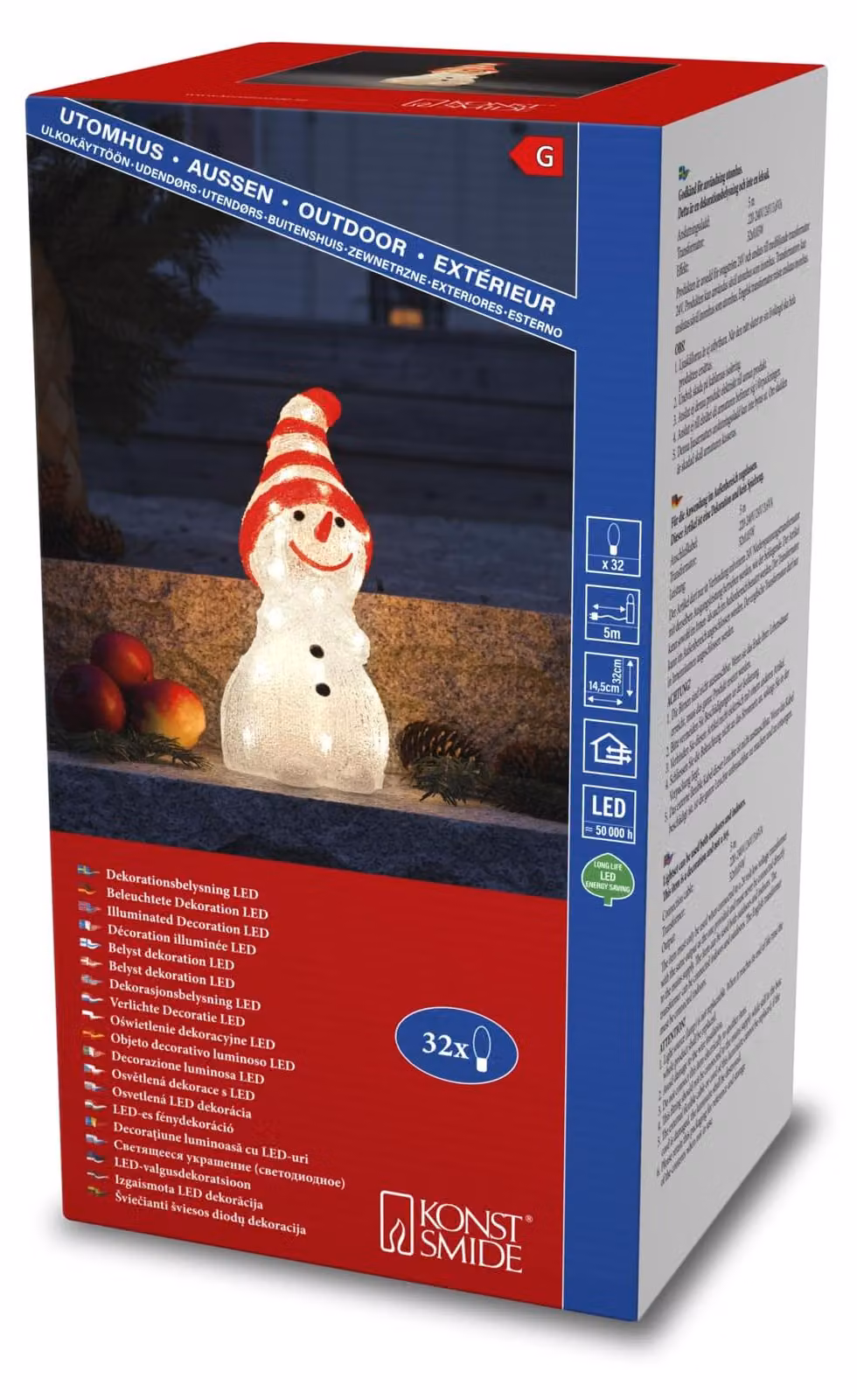 Omino di neve in acrilico con luci LED, 32 LED bianco caldo, 24 V, grado di protezione IP44, 3,6 W