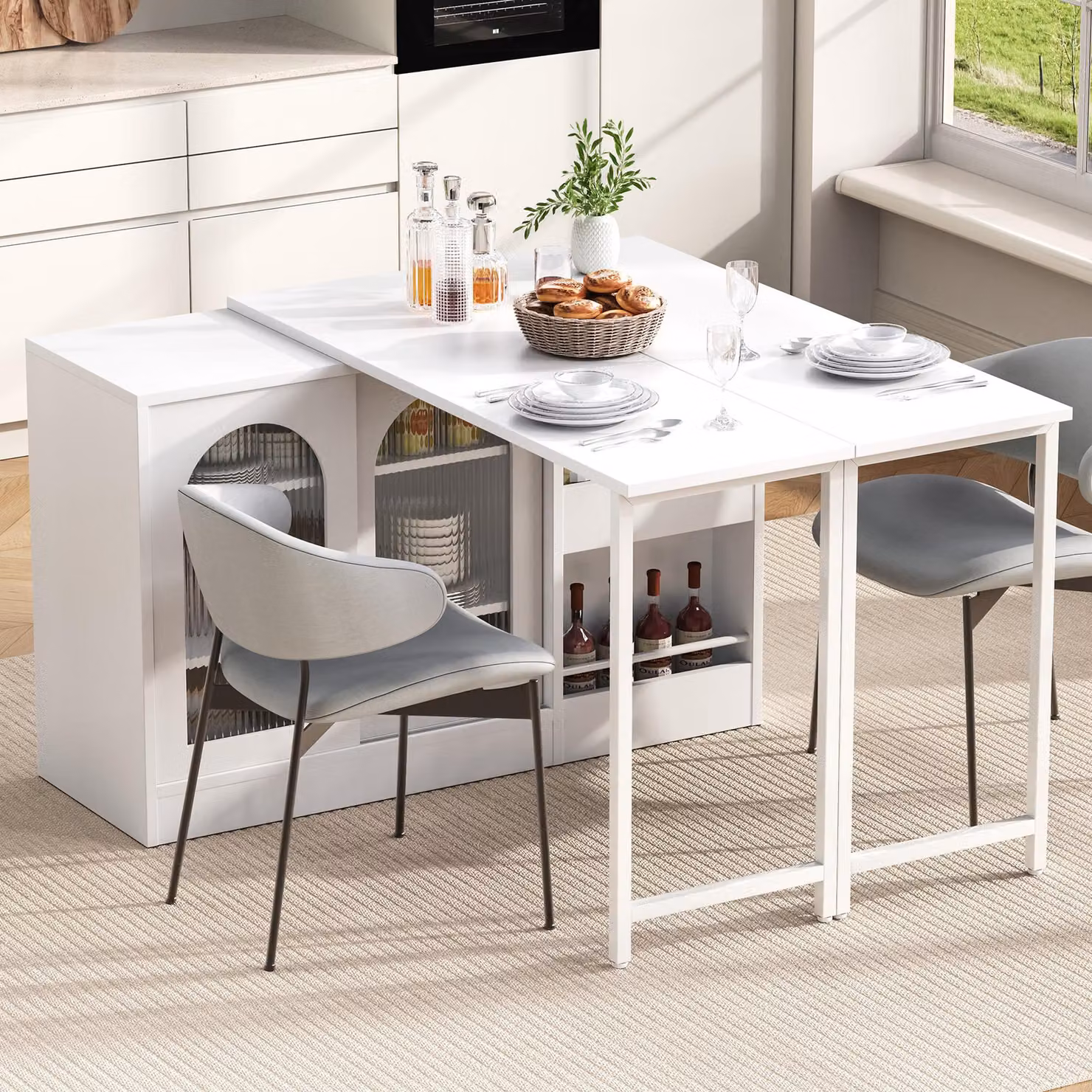 MODFU Tavolino da pranzo allungabile con due piani pieghevoli, mobile da cucina con contenitore, tavolo da bar con anta in vetro, bianco