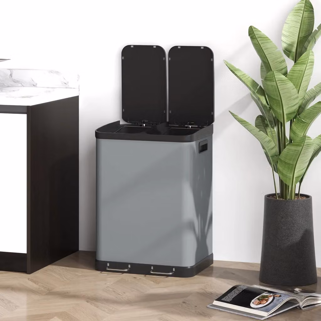 Bidone per raccolta differenziata WISHDOR in metallo grigio con pedale, 2 x 30 L, con secchi interni estraibili, chiusura soft-close e superficie anti-impronta – 2