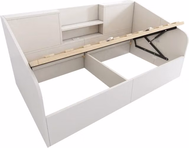 Letto Giorno Idraulico 90x190 cm Bianco con Mensole, Ampio Spazio di Archiviazione e Stazione di Ricarica USB/Type-C, Rete Inclusa, Letto Singolo Salvaspazio Senza Materasso