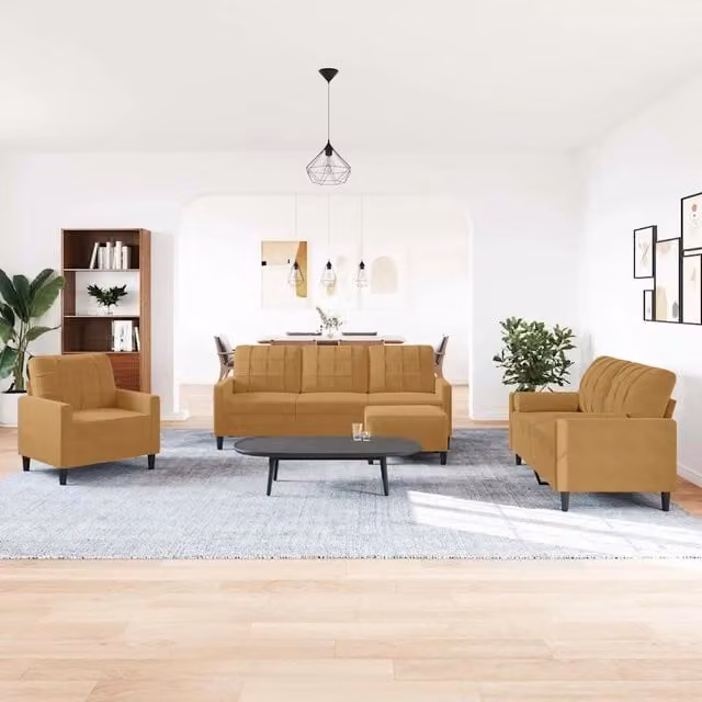 Set di divani moderno vidaXL in velluto marrone composto da divano a 3 posti, divano a 2 posti, pouf e cuscini con struttura in metallo