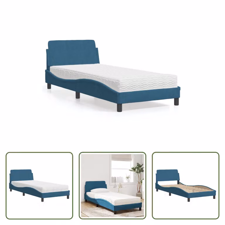 The Living Store Letto con materasso blu 90x190 cm in velluto
