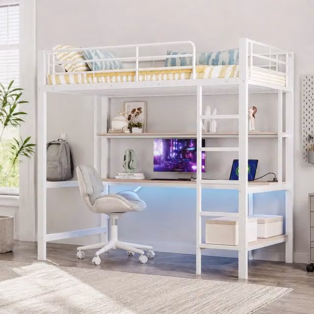 Letto a soppalco MIVRAY con scrivania, scaffale e illuminazione LED a 7 colori, porta USB e presa, colore bianco, L/P/H: 200 x 90 x 204 cm – 1