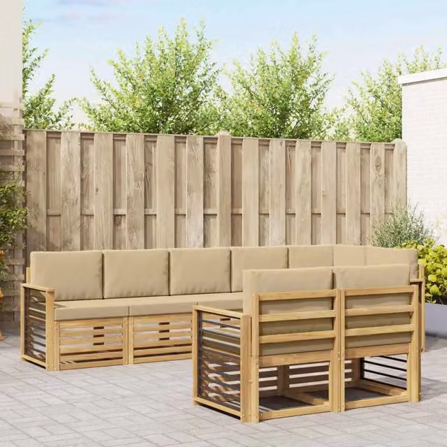 Set di divani da esterno a L vidaXL in legno di acacia con cuscini, Bianco e Beige