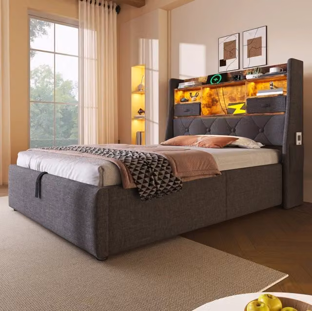 Letto singolo ULEVR 90x200 cm con contenitore idraulico, LED multicolore e 4 porte di ricarica, lino grigio, materasso incluso