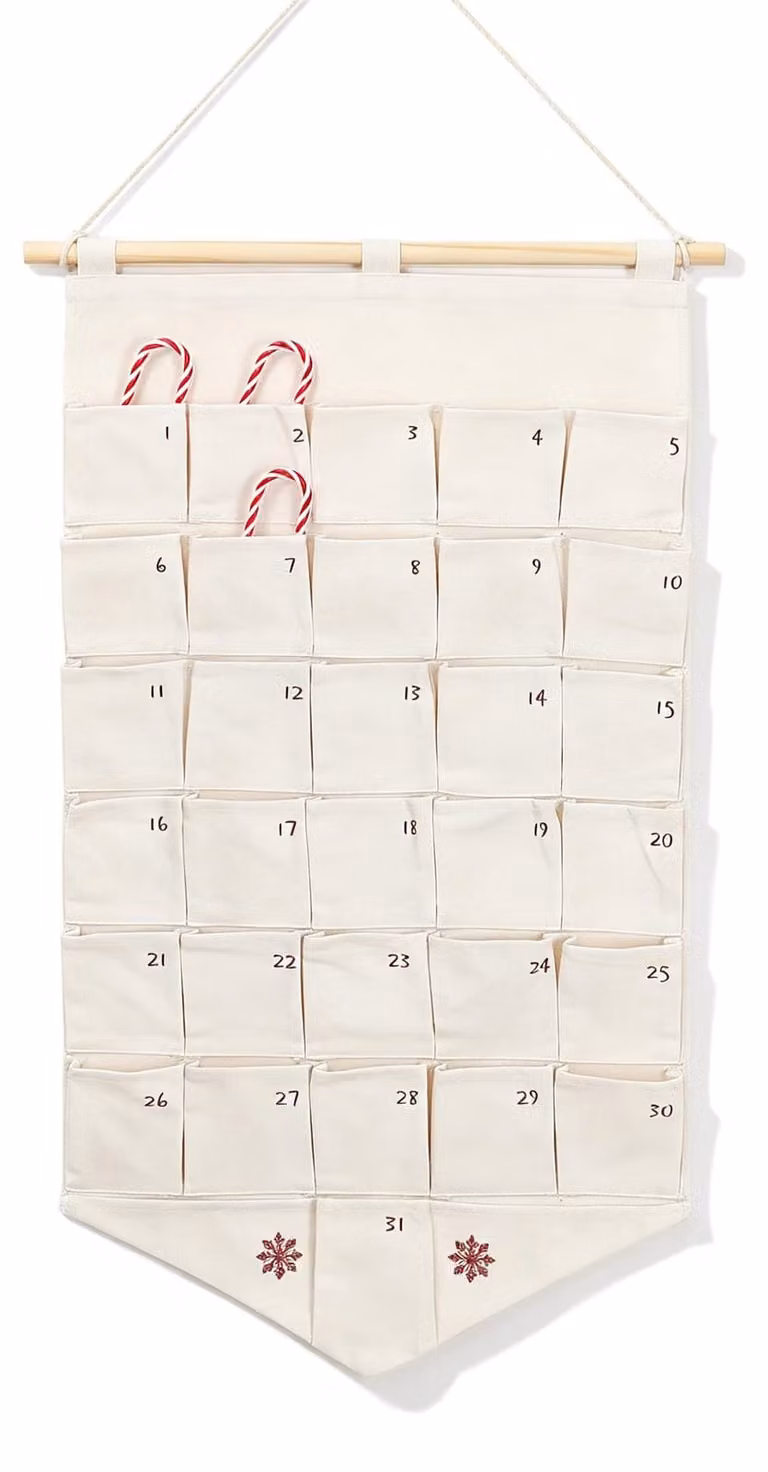 Calendario dell'Avvento con 31 tasche, da realizzare da soli, in tela, 40x72 cm, bianco