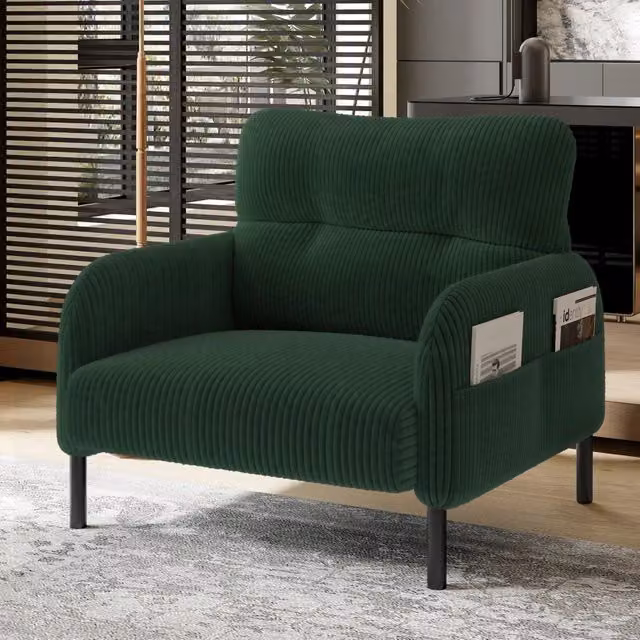 Poltrona singola MODFU in velluto a coste verde con struttura in metallo e tasca laterale L: 67 cm, P: 75 cm, H: 79 cm
