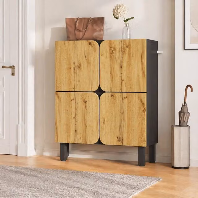 Scarpiera a 4 ante con ripiani regolabili; cerniere soft-close; MDF; nero e naturale