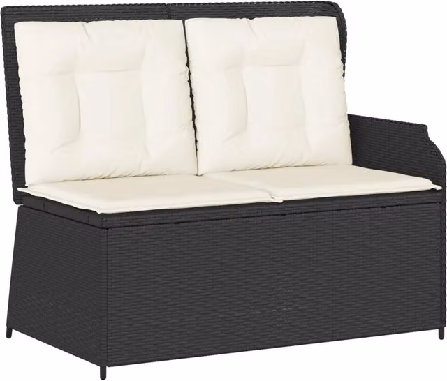Panchina da giardino moderna in rattan e metallo con cuscini in tessuto nero e bianco crema con braccioli
