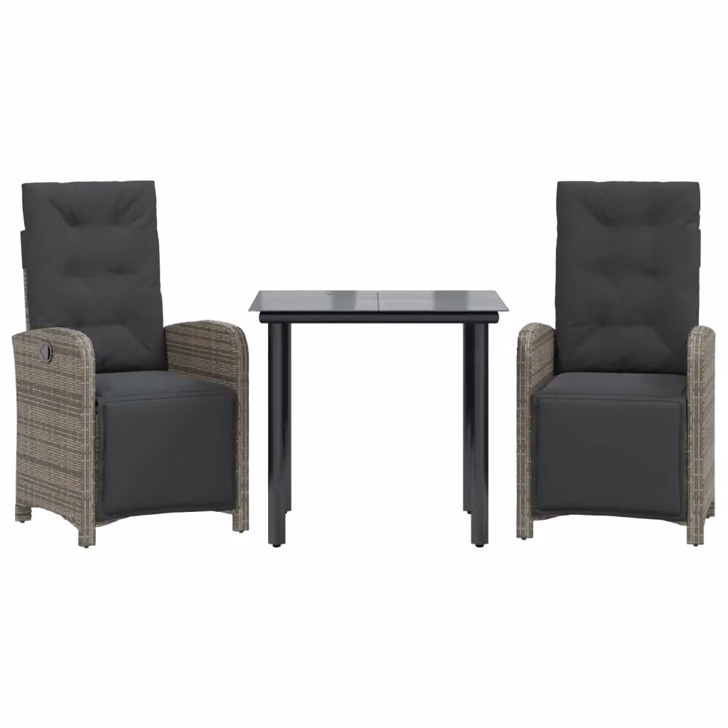 Set da Bistrò vidaXL in Polyrattan Grigio e Nero con Piano in Vetro e 3 Cuscini – 2