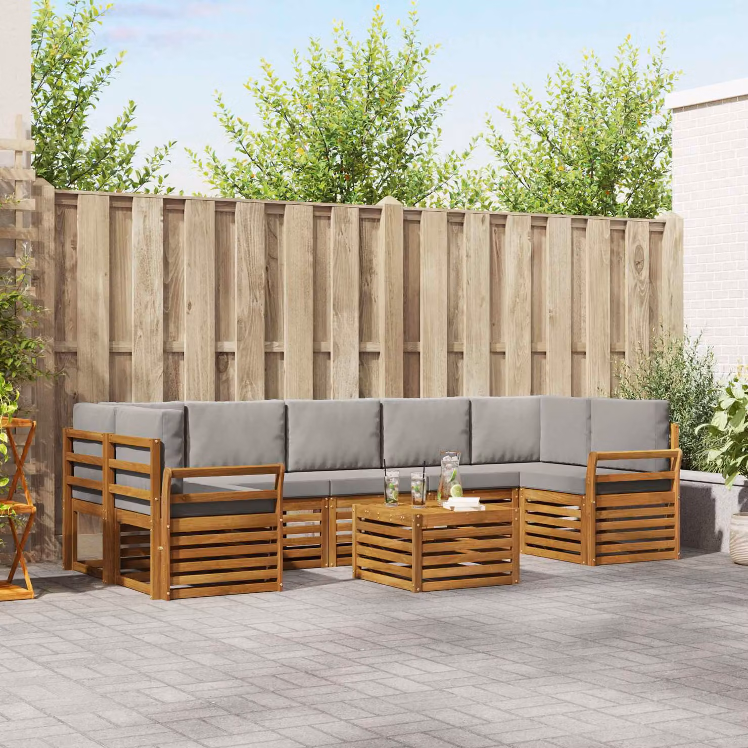 Set di divani da esterno vidaXL 8 pz a forma di L con tavolo da caffè, in legno di acacia e tessuto grigio e marrone