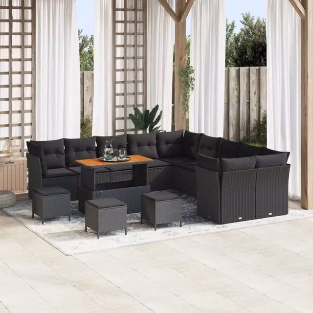 Set Divano da Giardino Moderno vidaXL a Forma a U in Polyrattan Nero con 14 Pezzi, Comprensivo di Cuscini e Tavolino da Caffè – 1