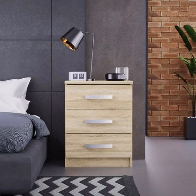 Comodino DMORA in legno MDF color rovere e beige, design moderno, L: 46 cm, P: 43 cm, H: 59 cm