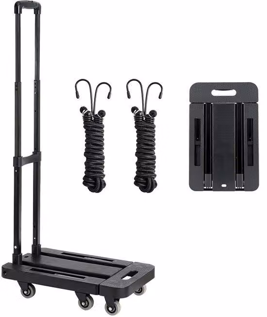 Carrello pieghevole, dimensioni 56x30,5x101 cm, con struttura in plastica resistente e ampia capacità di carico.