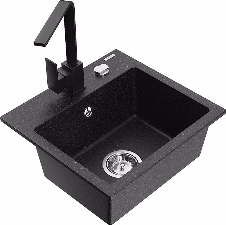 Mexen Milo lavello in granito a 1 vasca con miscelatore da cucina Rita, nero/argento metallizzato - 6505-73-670300-70