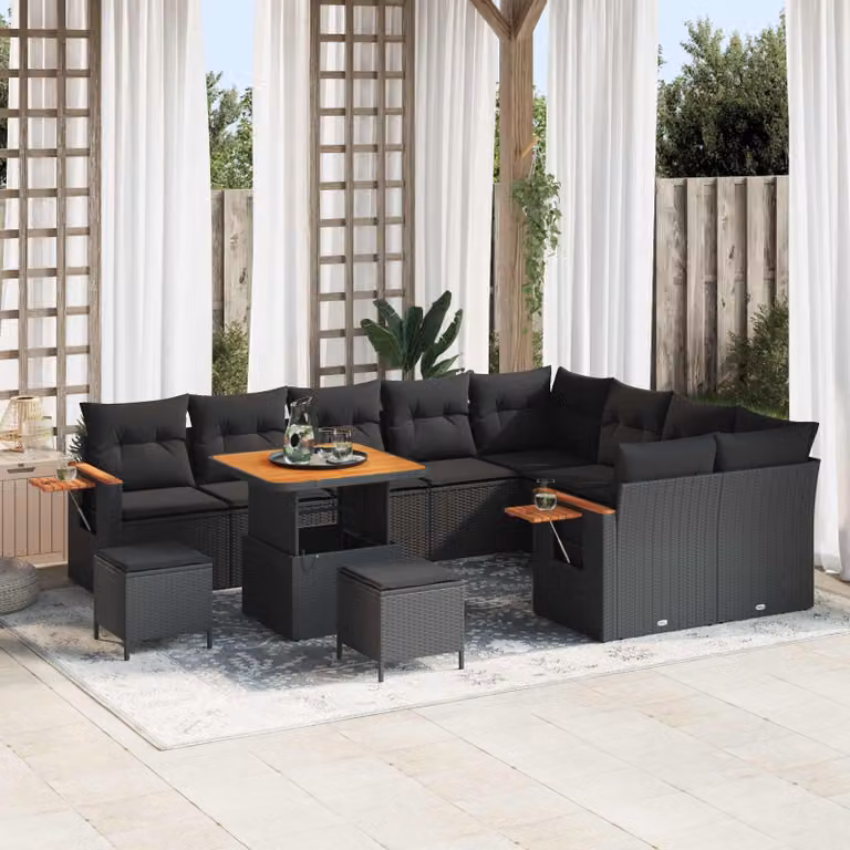 Set Divano da Giardino vidaXL 12 Pezzi a Forma di U in Polyrattan Nero con Cuscini e Tavolino da Caffè