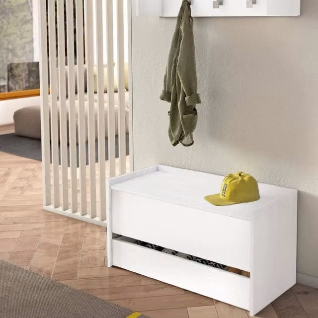 Cassapanca Sogno DMORA, Mobile da ingresso moderno con scarpiera e due contenitori, Bianco, L: 90 cm, P: 40 cm, H: 46 cm