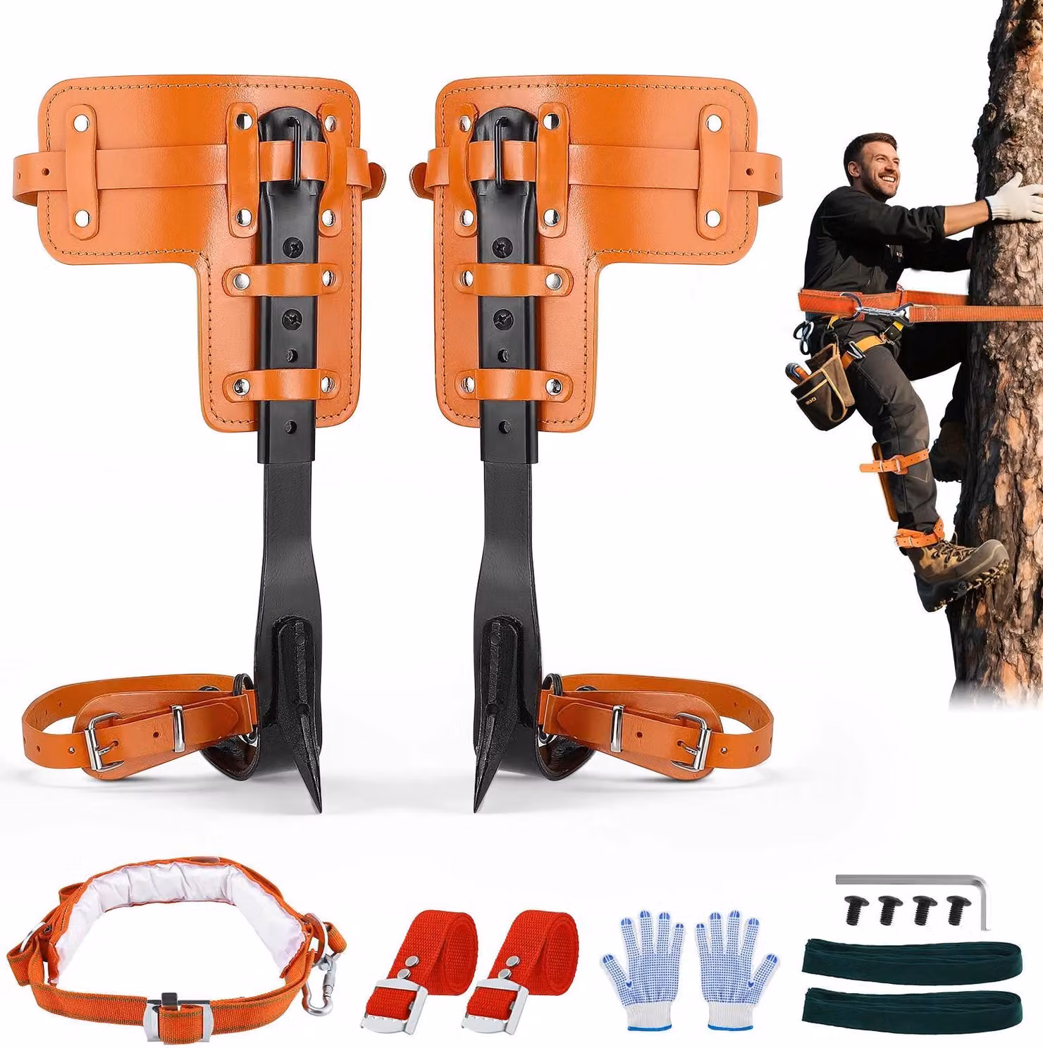 Attrezzatura per arrampicarsi sugli alberi - Scarpe da arrampicata con ramponi - Rinforzo verticale - Cinghie per i piedi per una presa sicura - Per la raccolta della frutta e la cura degli alberi - Arancione