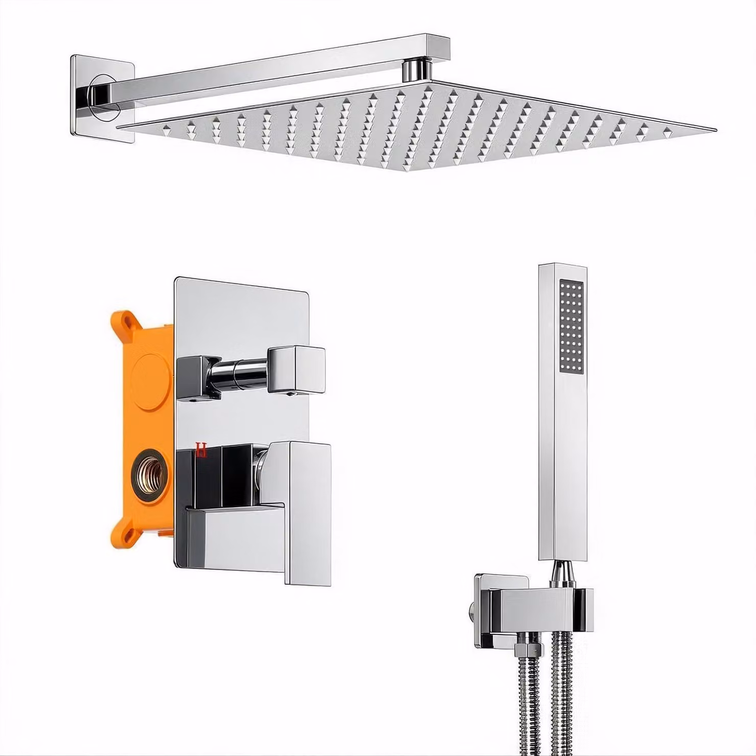 Sistema doccia da incasso con soffione a pioggia da 30 cm, cromato lucido, realizzato in ottone e acciaio inossidabile