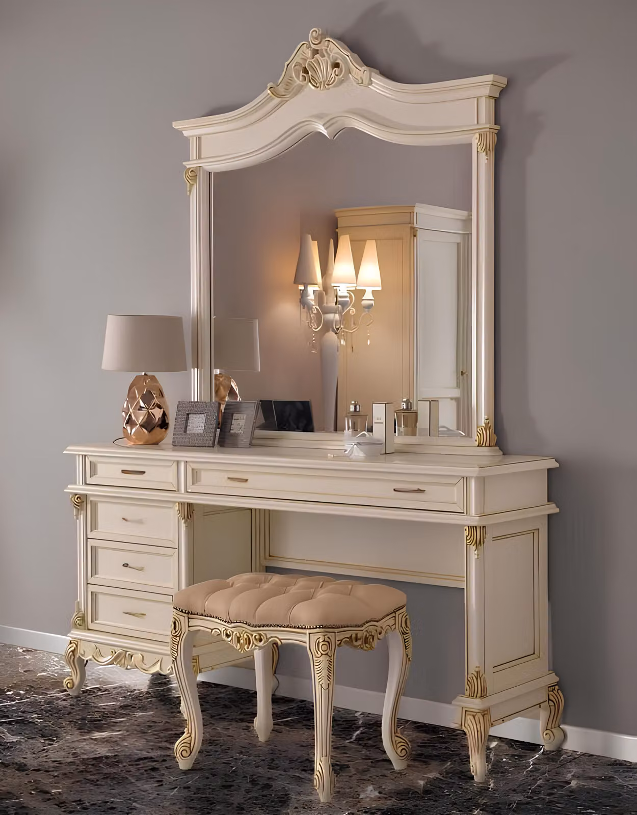 Schminktisch mit Spiegel Luxus Konsole Kommode Schlafzimmer Barock Rokoko Holz