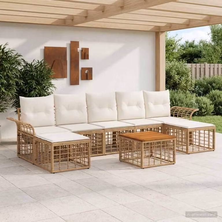 Set di divani da esterno vidaXL 8 pezzi da 7 posti in stile rustico con struttura in acciaio e legno di acacia, colore beige e bianco crema