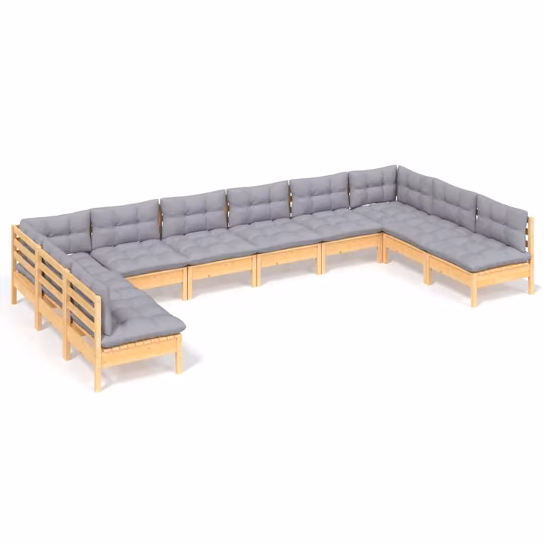 Set Divani da Giardino 10 pz con Cuscini Grigi Massello di Pino