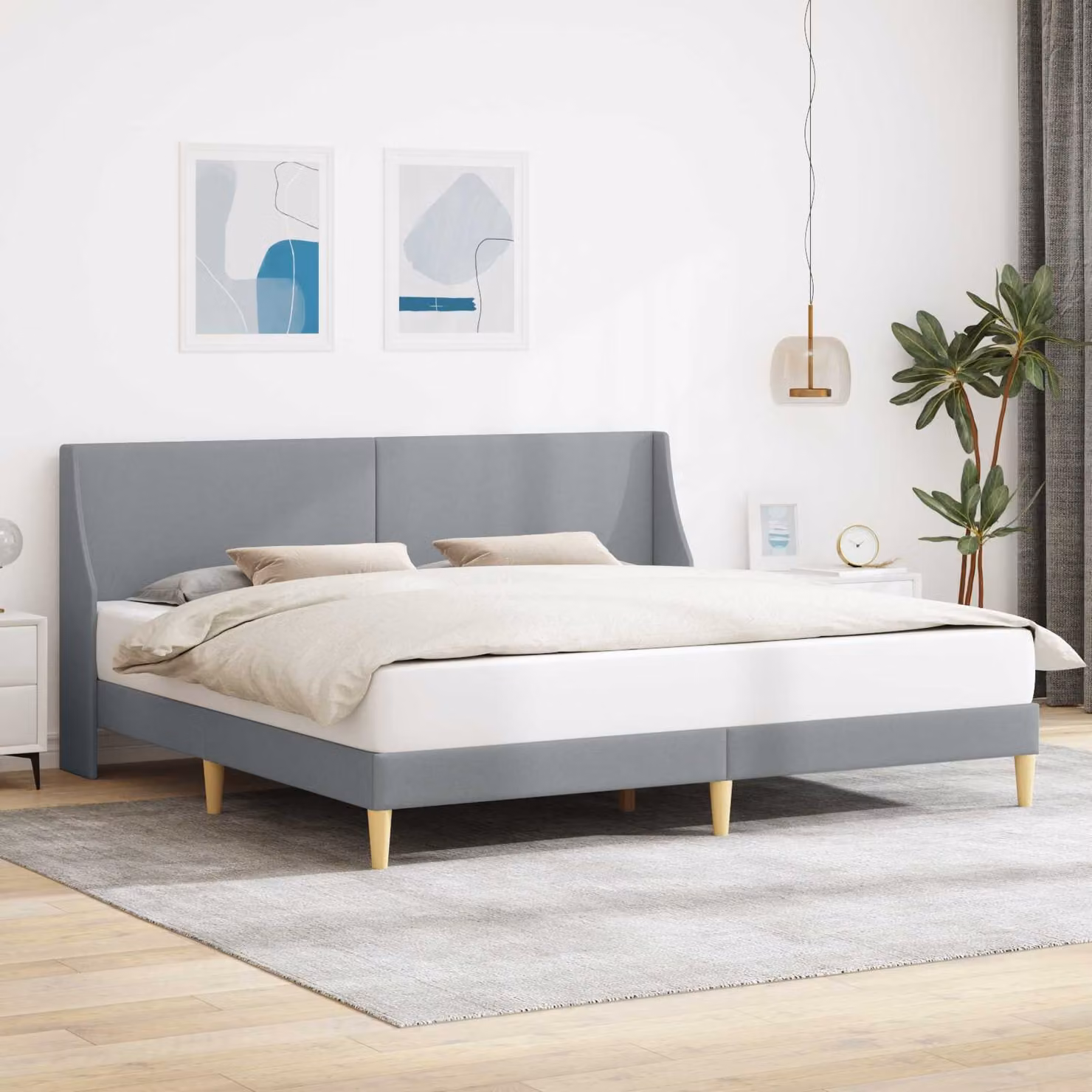 Struttura letto imbottita moderna vidaXL in tessuto grigio con doghe a listelli curvi e telaio in legno ingegnerizzato