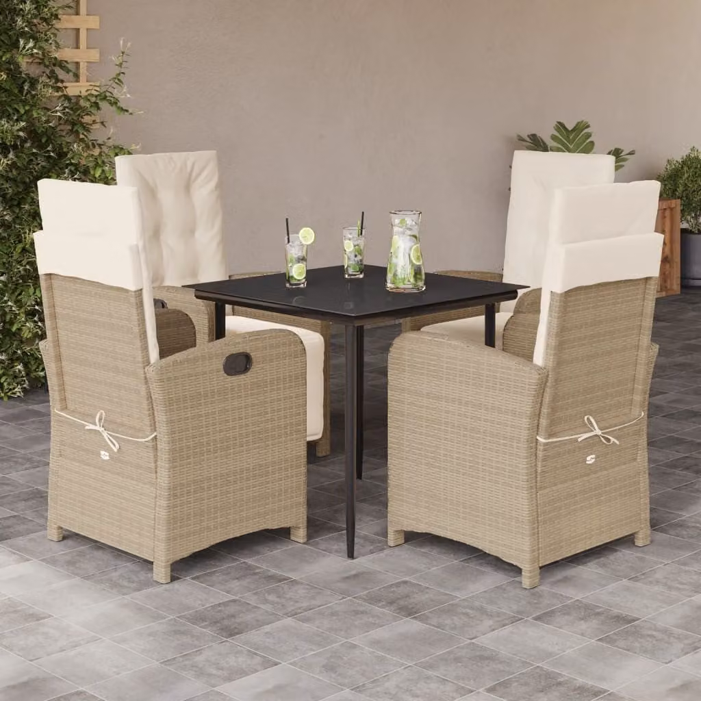 vidaXL Set da Pranzo da Giardino 5 pz in Polyrattan con Cuscini Beige e Tavolo in Vetro – 1
