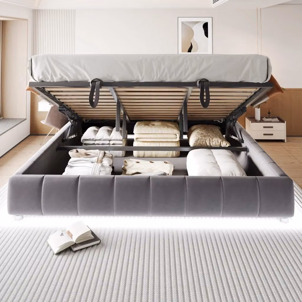 Letto contenitore matrimoniale OKWISH in tessuto grigio con illuminazione LED sottostante e sistema di sollevamento idraulico, L/P: 180 x 200 cm – 2