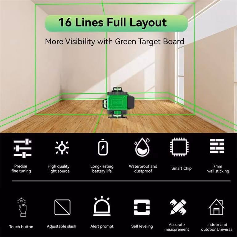 Livella laser - 4D, 16 linee - Raggio laser verde - Autolivellante a 360° - Orizzontale e verticale - Ricaricabile