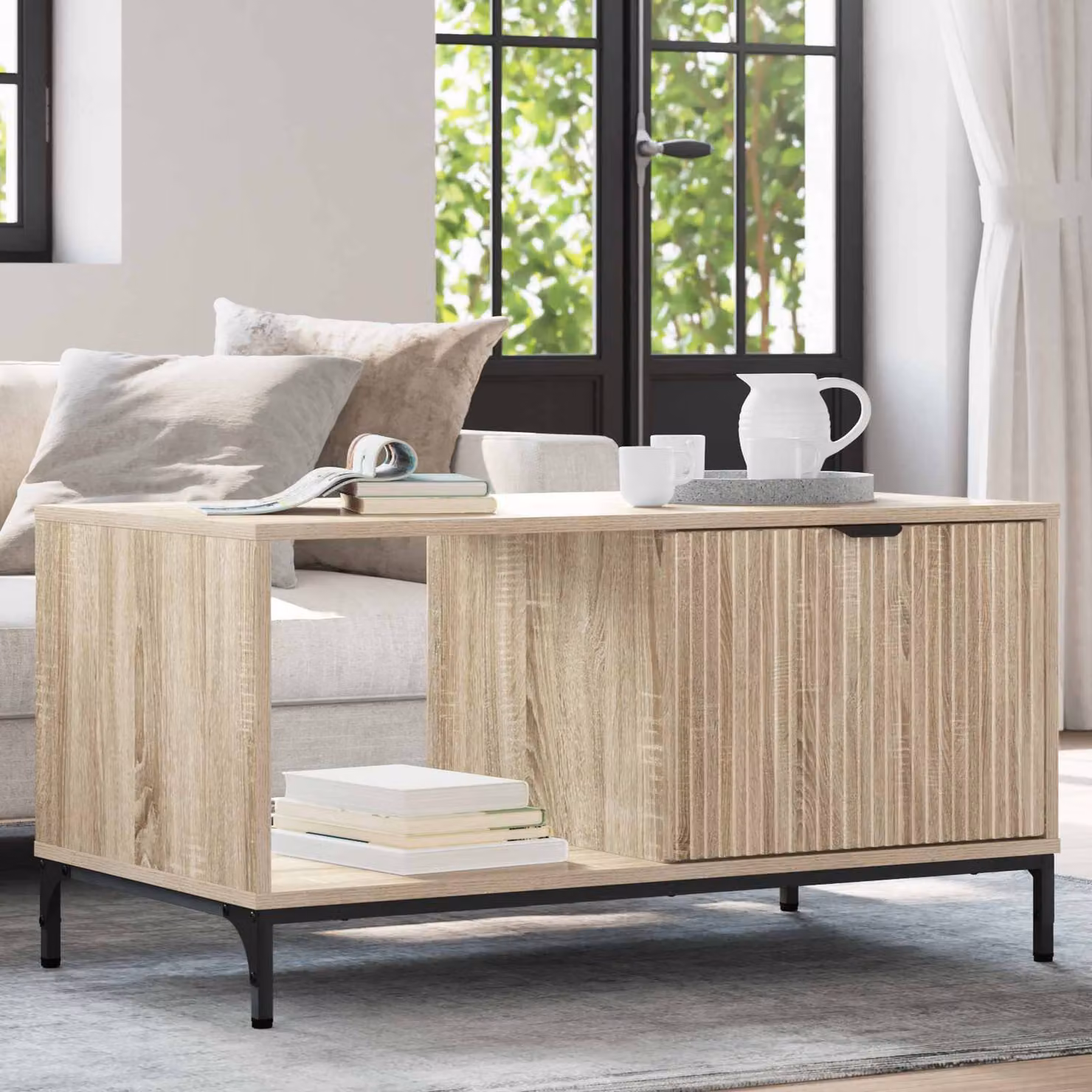 vidaXL Tavolino da salotto rettangolare in stile minimalista, colore rovere e beige, L: 90 cm, P: 49 cm, H: 46 cm
