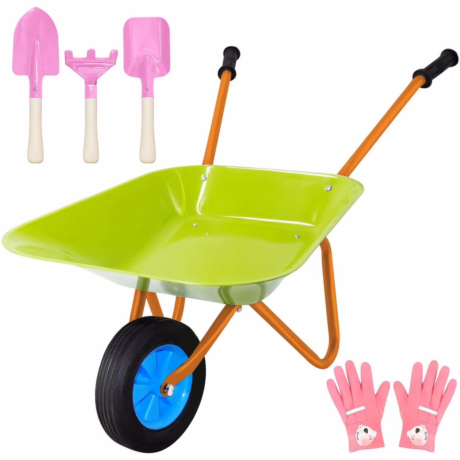Set di carriola per bambini con elementi in metallo e attrezzi da giardino