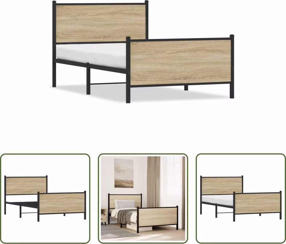 The Living Store Struttura letto con testiera e pediera in metallo rovere Sonoma 107x203cm