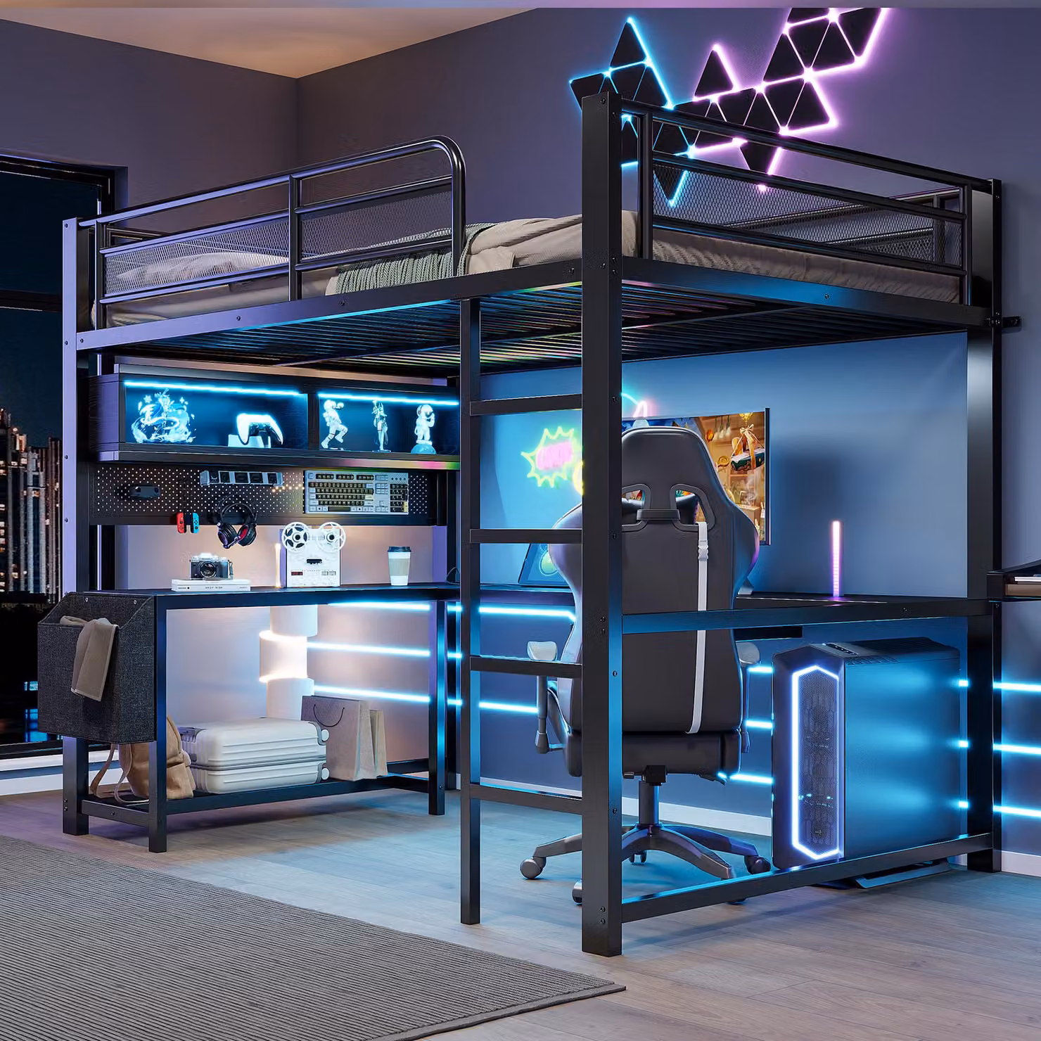 Letto a soppalco multifunzione per videogiochi, dimensioni 140x200, con scrivania, supporto per tastiera, scomparti contenitori, illuminazione LED e stazione di ricarica (colore: nero)