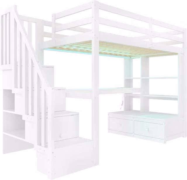 Letto a soppalco singolo bianco con scrivania, ripiani, cassetti e scala, L/P/H: 252 x 90 x 157 cm