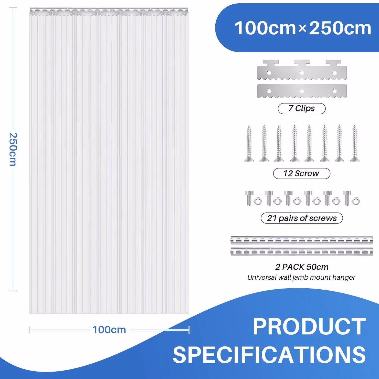 Tenda a strisce in PVC per porte - Lamelle a coste 100 x 250 cm - Resistente, impermeabile, isolante - Ideale per celle frigorifere, congelatori, magazzini, garage - Trasparente