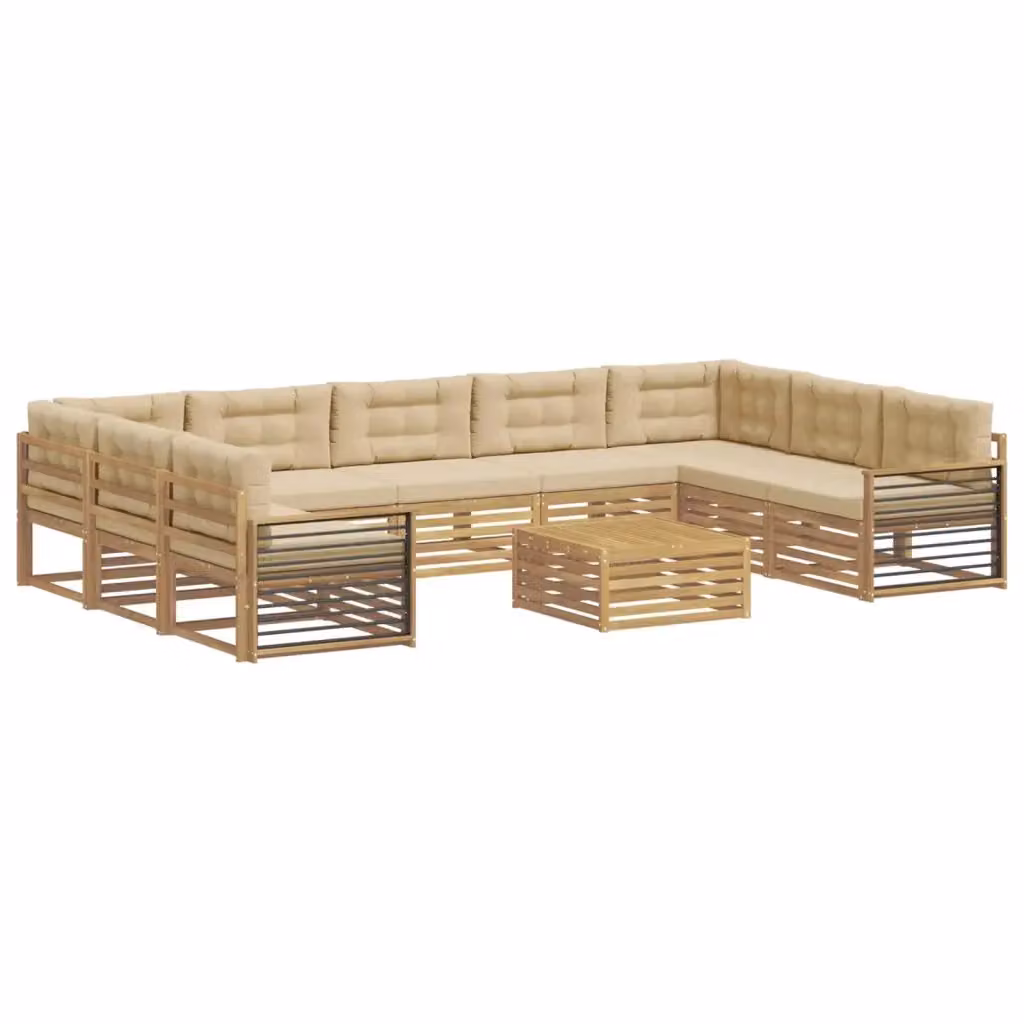 Set di divani da esterno a L con tavolino da caffè vidaXL, in legno di acacia trattato, colore bianco e beige, composto da 10 pezzi con cuscini inclusi – 2