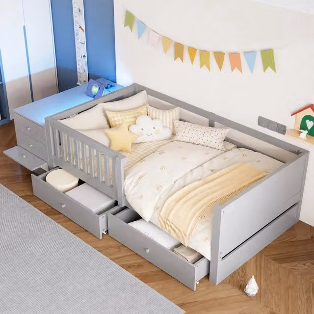 Letto per Bambini 90x200 cm Grigio con Cassetti; Contenitore; LED e Presa Integrata