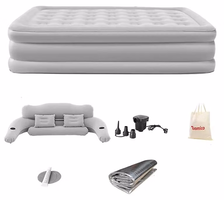 Materasso gonfiabile per 2 persone - Letto da campeggio gonfiabile - Con schienale - 152x203x48 cm - Letto aggiuntivo extra alto - Adatto per interni/esterni - Grigio chiaro