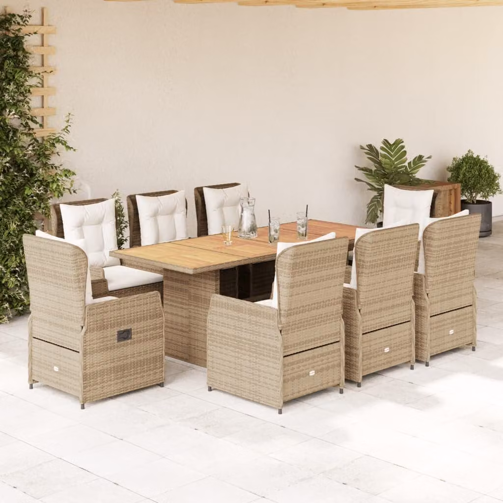 Set da pranzo da giardino vidaXL in polyrattan con cuscini beige e legno di acacia, 9 pezzi