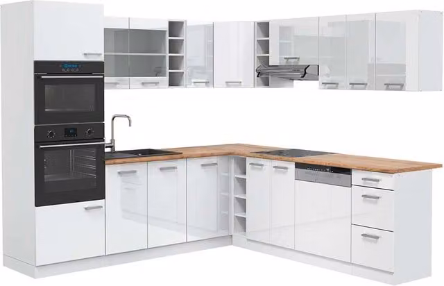 Cucina angolare moderna Vicco R-Line Bianco lucido e Rovere, L: 247 cm x L: 237 cm – 1