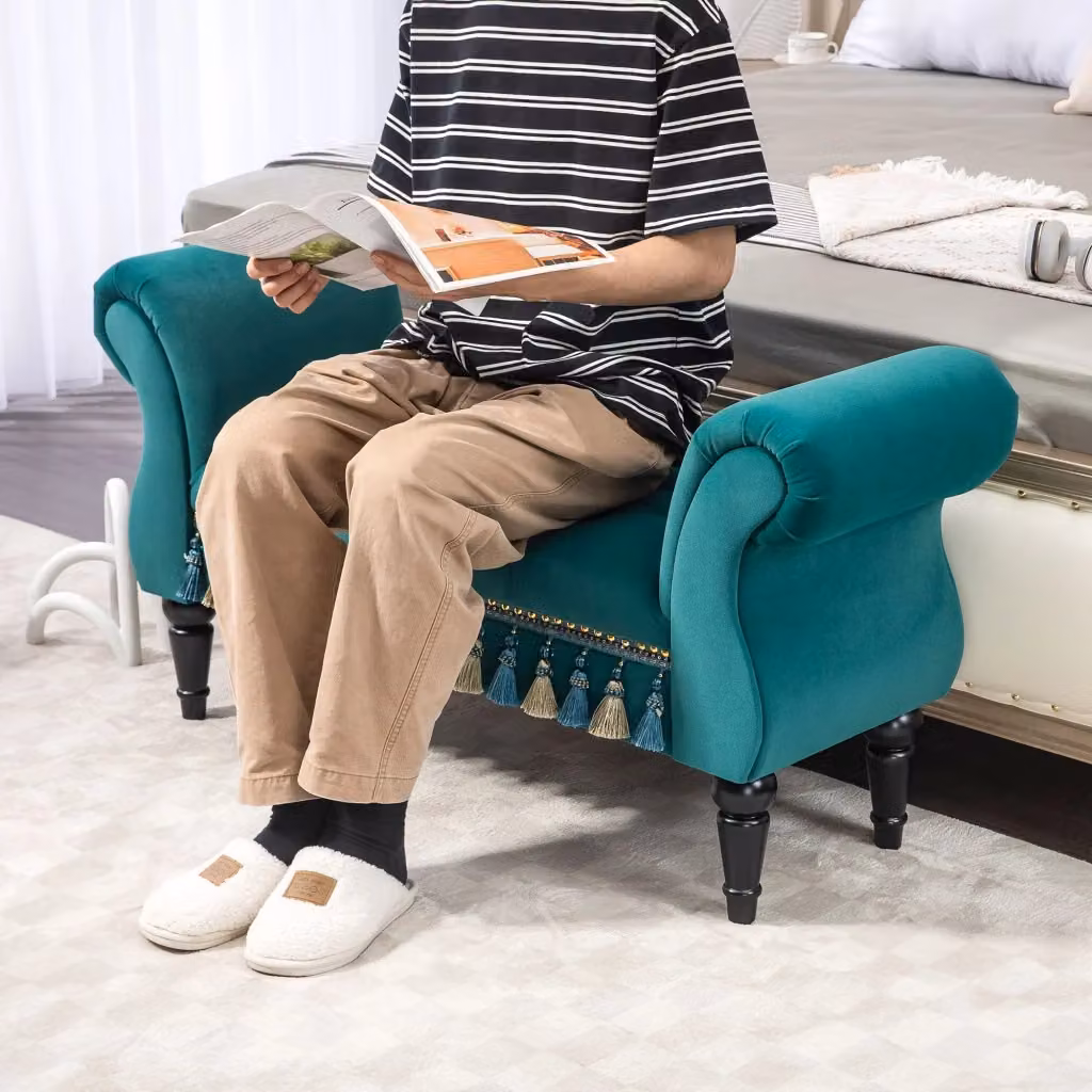 Panca imbottita Mivray verde con struttura e gambe in legno di caucciù, L: 117 cm, P: 58 cm, H: 40 cm – 2