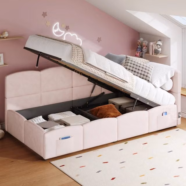 Letto imbottito singolo per bambini e adulti - Zephmum - 90x200 cm, rosa velluto, con contenitore e USB