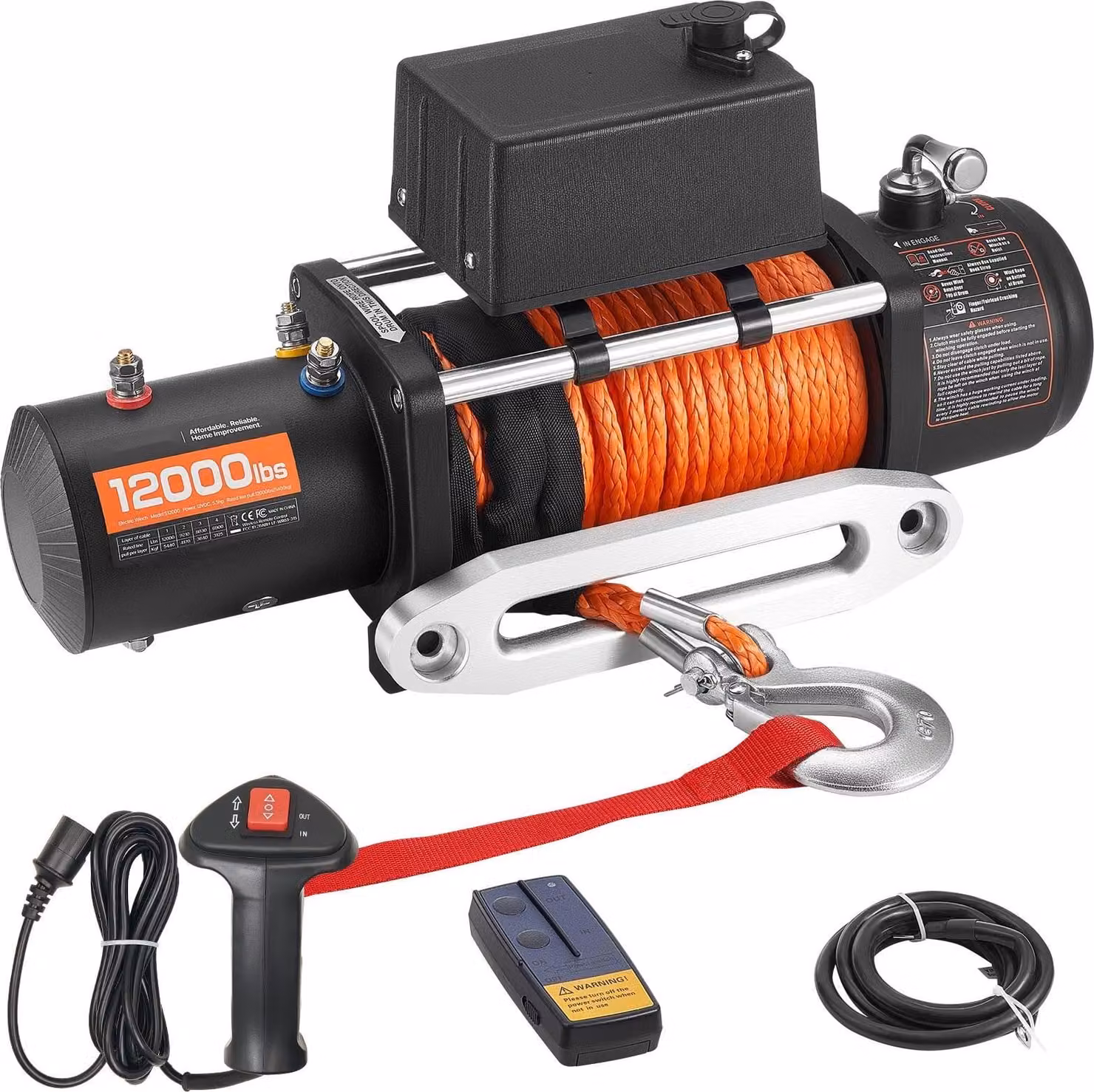 Verricello elettrico - Verricello fuoristrada/per autocarri 12 V - Forza di trazione 5400 kg - Fune sintetica Ø 9,1 mm x 23 m - Telecomando radio e via cavo - IP55 - Per fuoristrada, rimorchi e imbarcazioni