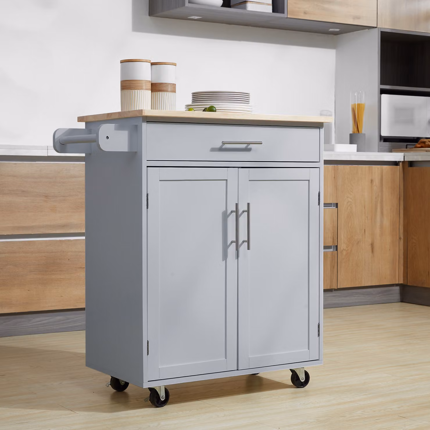 Isola da cucina HOMCOM con carrello, cassetto e portastoviglie, grigio moderno – 2