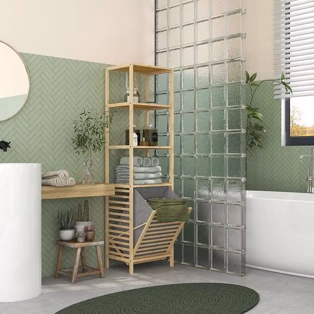 Scaffale per bagno in bambù naturale con 3 ripiani aperti, cesta in tessuto estraibile, 44 x 33 x 160 cm, protezione anti-ribaltamento