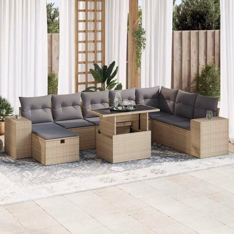 Set Divano da Giardino vidaXL 9 pz in Polyrattan Beige con Cuscini e Tavolino da Esterno a Forma di U