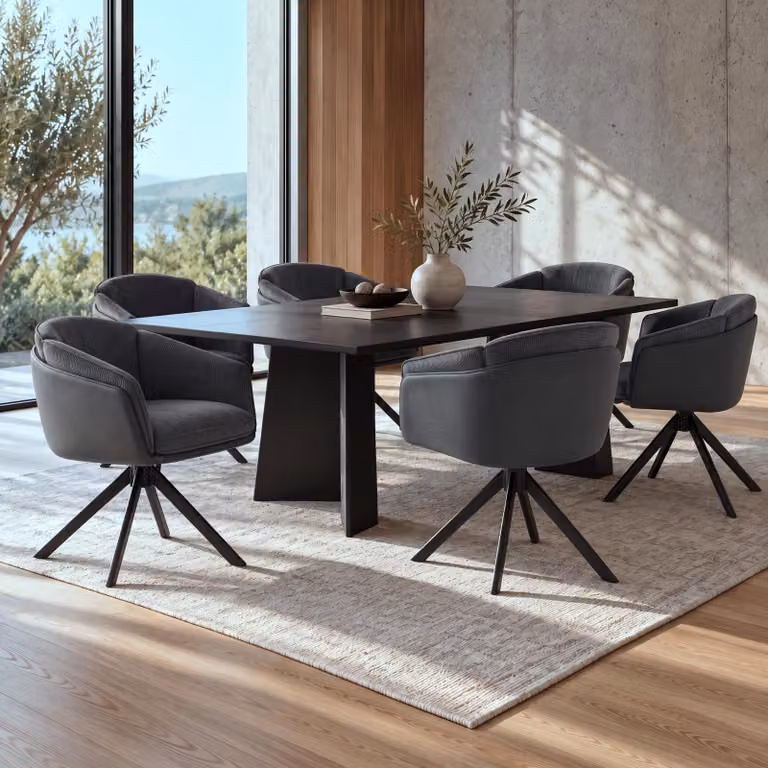 Set di 6 sedie da pranzo modello HWC-R24, sedie da cucina, girevoli, in metallo, con rivestimento in ecopelle, tessuto/tessuto, colore: nero