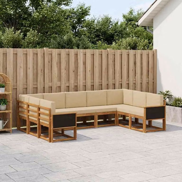 Set di divani da esterno a forma di U vidaXL in legno di acacia con cuscini, Beige e Sabbia, 9 pezzi